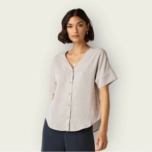 Vetta The Girlfriend Shirt Taupe Stripe Button Up V-Neck Minimalist Size Small